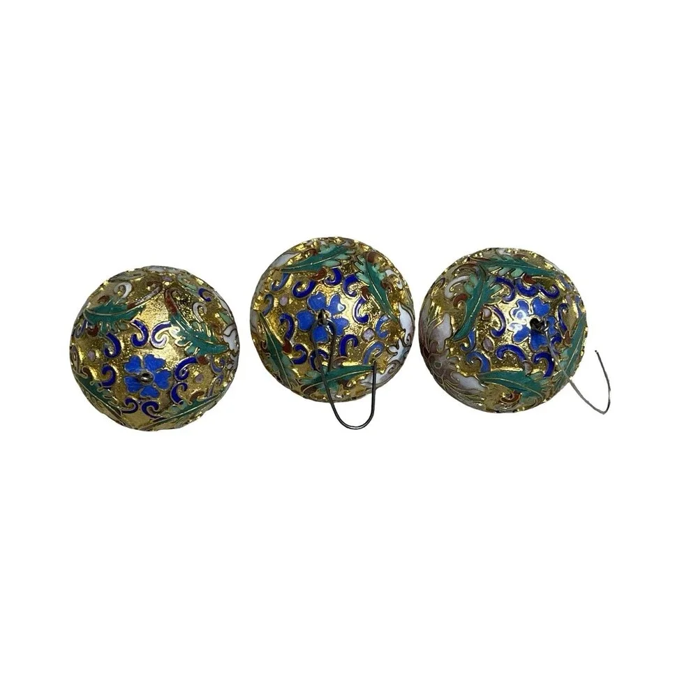 Lillian Vernon Cloisonné Ornaments Set of 3 Ball Gold Enamel Floral Vintage 1.5